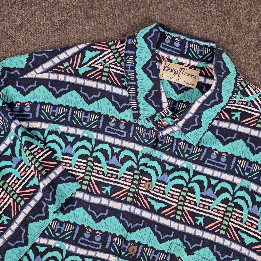 Kenny Flowers Button Down Shirt Mens‎ Large Blue Palm Tree Rayon Limited Edition